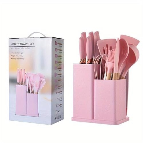 ILYPOP SHOP Set Utensili da Cucina 19 pezzi, Silicone Antiaderente, 5 Coltelli Professionali con Impugnatura ergonomica e Tagliere, Manico in Legno, Termoresistente, Senza BPA (Rosa)