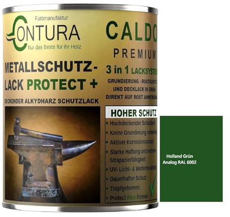 Contura 3in1 Rostschutzfarbe Metallschutzlack Glänzend RAL Metall Lack Farbe Grundierung (RAL 6002 (Intern: Hollandgrün), 2,5 Liter)