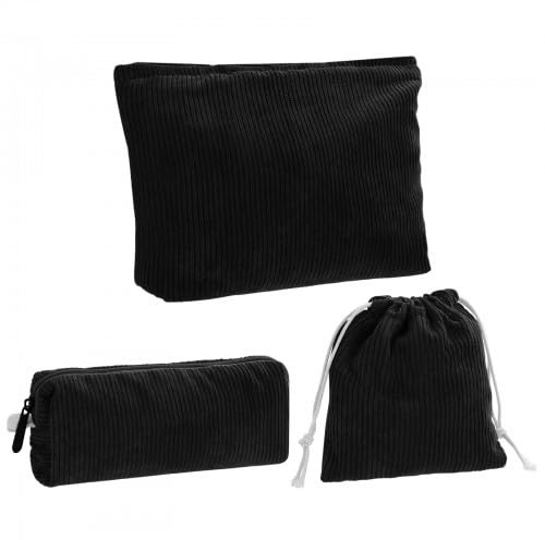 Granvoo Reise Makeup Bag Set, Kosmetiktasche Klein Stoff, Kulturtasche Damen Set Cord, Multifunktionaler Kosmetikbeutel für Handtasche, 3er Schwarz