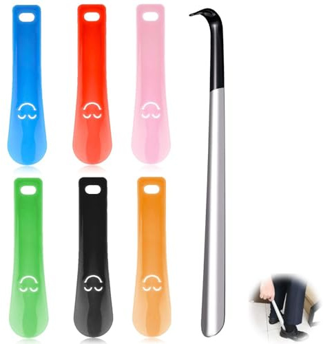 XoeLLe 7 stycken skoskedar, 1 x skohorn lång, 6 x skoskedar små, 42 cm skoskedar metall lång, 16 cm skohorn liten, ergonomisk form, mycket skohorn för resor på vägen camping, Svart, röd, gul, grön,