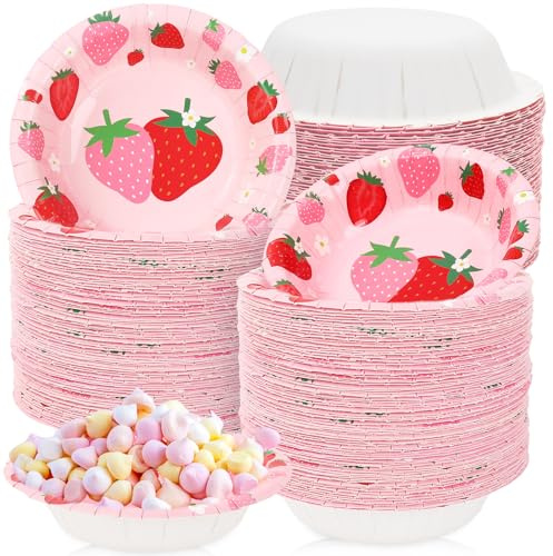 Whaline 100Pcs Strawberry Paper Bowls Pink Red Strawberry Flower Disposable Serving Bowls Cute Ice Cream Bowl for Birthday Baby Shower Party Supplies