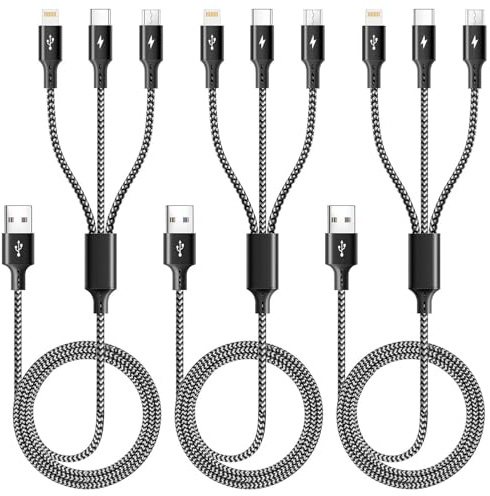 3 in1 Mehrfach Schnellladekabel USB Kabel 3Stück 1.2M Multi Ladekabel | Nylon USB Kabel mit Lightning/Typ C/Micro USB für iPhone 18/17/16/15/14/13/Samsung Galaxy/Pixel/LG/Tablets/PS