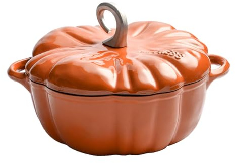 DECAKE Pumpkin Shape Cooking Pot Casserole with Lid and Handles, Cast Iron Dutch Oven, Non-Stick Stew Pot Soup Pot Halloween Cooking Pot Enamel Cookware Crock Pot for Soup Porridge Stew Gift 3.7L