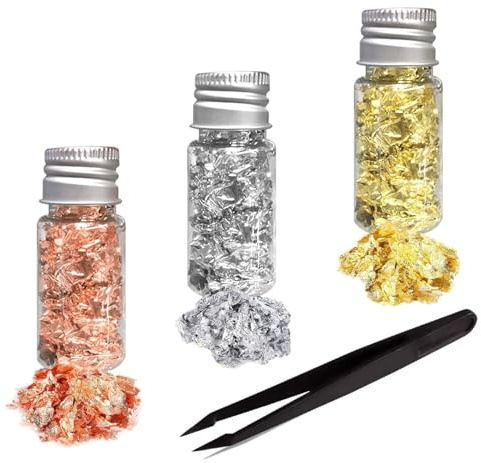 Funngy Gold Foil Copper Leaf,3 PCS Gold Foil Flakes Gold Silver Rose Leaf Metallic Foil Flakes 5g Foil Flakes with Tweezer for Slime and Resin Jewelry Making Nail Art Painting DIY Craft