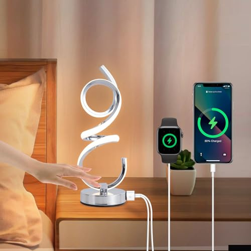EIDEARAY Nachttischlampe,Moderne Tischlampe,Spiral Design 3 Farbtemperaturen Touch Control Stufenlos Dimmbare Tischleuchte mit USB-Anschlüssen, für Schlafzimmer Wohnzimmer Büro(Silber)