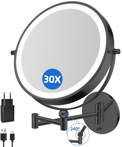FUNTOUCH Espejo cosmético con Aumento 1X/20X, 5000 mAh Recargable, Espejo de Afeitar Regulable, 3 Colores, Pantalla táctil LED, Espejo de Maquillaje Giratorio 360°, Espejo de Pared para baño y Hotel