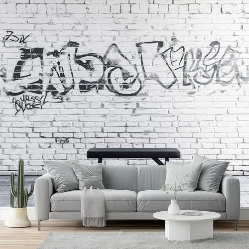 Fotomurales Bancos de pared de ladrillo con grafitis Papel Tapiz Moderno 400 x 280 cm Papel pintado tejido no tejido coración Pared corativos Sala Living Oficina Dormitorio Negro Blanco Gris