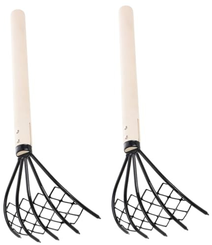 WEKADRIN 2pezzi Rastrello Denti Con Manico in Legno Antiscivolo Per Scavo Frutti Di Mare e Gusci Rete Piccola Per Spiagge Vongole e Telline