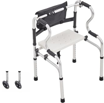 Warmiehomy Walking Frames for Elderly Disabled, Foldable Aluminum Alloy Disability Upright Walking Aids with Wheels and Seat, 8 Gears Adjustable Height 74-92CM
