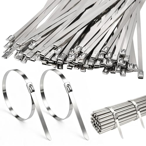 Edelstahl Kabelbinder 300 x 4.6mm,Silber Kabelbinder Metall | Rostfrei Selbstsichernde Edelstahlbinder für Hitzeschutzband Auspuff Baustahlmatten Zaun 100 Stück