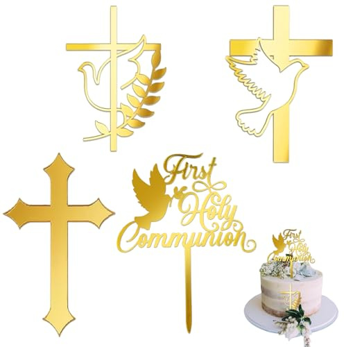 Décorations de gâteau en acrylique, 4 pièces, design croix et colombes dorées, décoration de gâteau de communion, baptême, anniversaire, cérémonie religieuse, facile à utiliser, durable et élégan