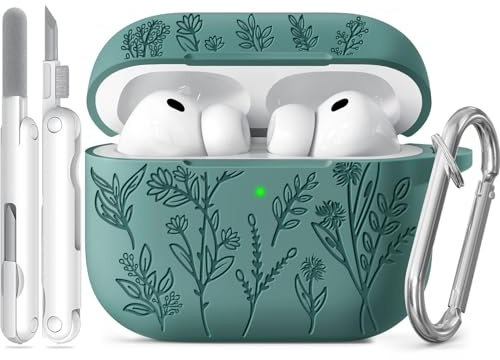 Joremx Silikon Niedliches Grasmuster Hülle (Grün-für AirPods Pro 3) | Case mit entzückendem lasergraviertem Pflanzenmuster, Damen & Mädchen Schutzhülle, inkl. Reinigungsset & Schlüsselanhänger