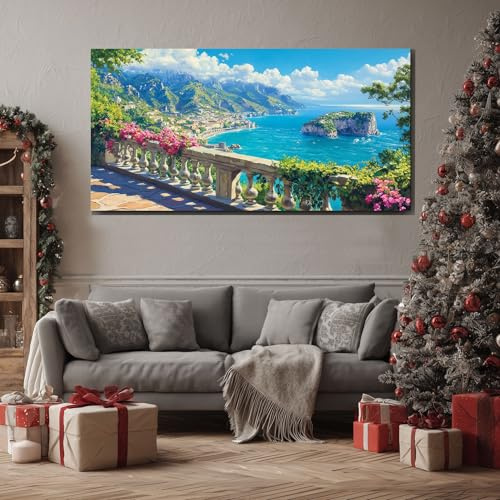 ZORYAN Italienisch Meeresterrasse Leinwandbilder Wohnzimmer Modern, XXL Wandbild Blau Ozean Horizont Bilder für Schlafzimmer Großer Kunstdruck Leinwand Wanddekoration für die Wand 50x100 cm