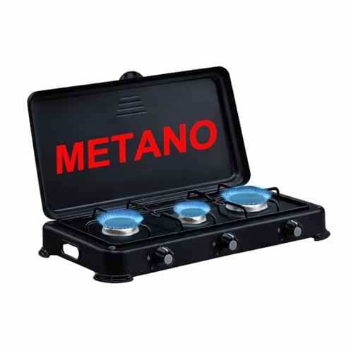 Fornello Fornellino a Gas METANO Da Campeggio 3 Fuochi con Bruciatori in Ghisa Rimovibili - Con maniglie per facilitarne il trasporto 58x30,5xh10cm (NERO)