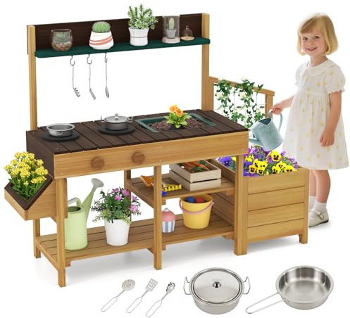 GYMAX Kids Mud Kitchen, Children Potting Bench Table with Removable Sink, Planter Boxes, Stoves, Trellis & Cooking Accessories, Outdoor Fir Wood Toy Kitchen for 3 Years Old+ (Natural + Brown) | with Removable Sink, Planter Boxes, Stoves, Trellis & Cooking Accessories, Outdoor Fir Wood Toy Kitchen for 3 Years Old+