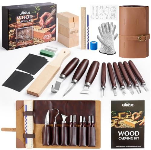 30 en 1 Kit Sculpture Bois, Outils de Sculpture avec Couteaux Sculpture Bois, Blocs à Sculpter, Pierre à Aiguiser, Pâte à Polir, Gants Anti-Coupure, Étui en Cuir, pour Débutants, DIY, Whittling