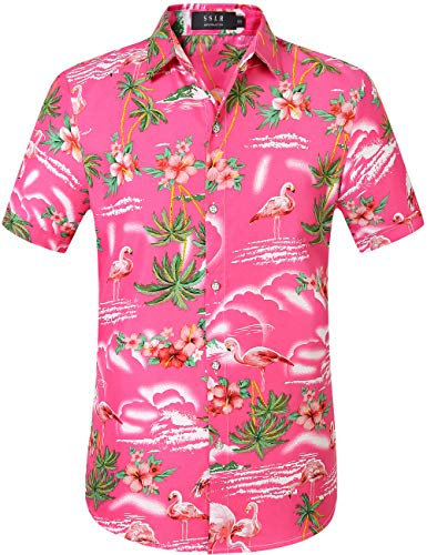 SSLR Mens Hawaiian Shirt Flamingos Casual Short Sleeve Button Down Shirts Aloha Shirt (Large, Rose Red)