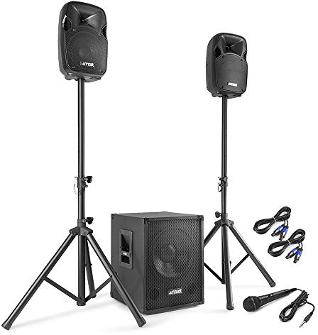 MAX MX700 Juego de Altavoces Activos - 2 Altavoces de 700W con subwoofer, Amplificador Incorporado, Dos Soportes/trípodes, micrófono de Cable y Cables de conexión