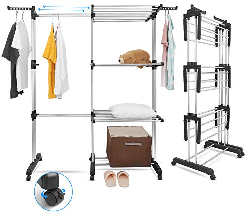 johgee Wäscheständer Turm, Turm-Wäscheständer Ausziehbar Länge 66-130 cm, mit 6 faltbaren Flügeln auf 3 Ebenen, klappbarer Waschestander für große Familien