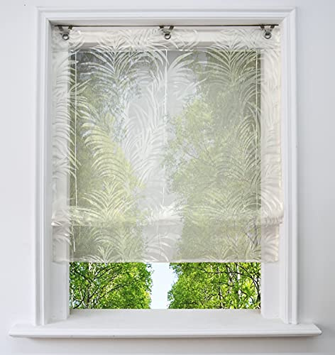 Ösenrollo Voile Transparenter Raffrollo ohne Bohren mit Ausbrennerqualität Fenster Gardine mit Hakenaufhängung Schals (Feder, BxH 100x130cm)