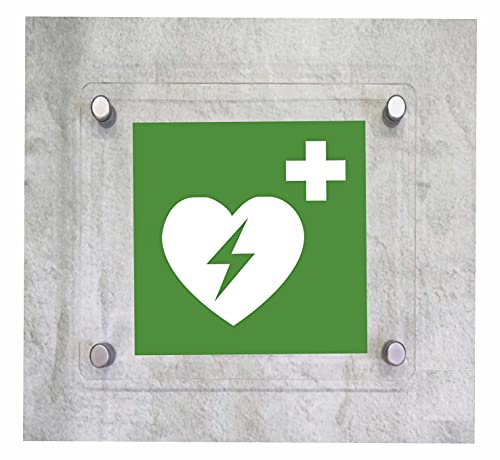 CARTELLO IN PLEXIGLASS SEGNALETICO - DEFIBRILLATORE - Con Distanziali in acciaio inox e Stampa U.V. (20X20)