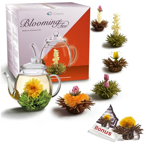 Creano Coffret Cadeau Fleurs de Thé Mix 6 pcs + 1 Teelini Bonus – Théière en Verre 500ml sans goutte – 3x Thé Noir & 3x Thé Blanc – Idé Cadeau Chic
