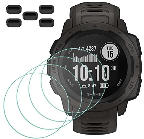 MTHGH Screen Protector for Garmin Instinct/Instinct (Solar) Tactical Smartwatch [4 Pcs] + Anti-dust Plugs 5Pcs, Tempered Glass 9H Hardness Film Ultra-Thin Protective Cover