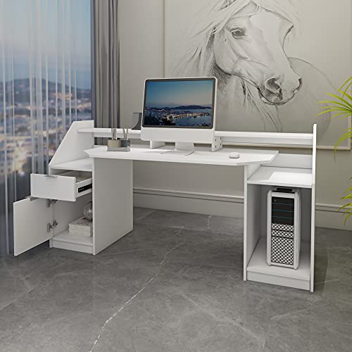 ML-Design Computertisch mit Schublade, Tür, Stauraum, offenen Ablagefächern, 179,8x90,6 cm, Weiß, aus Holz, Bürotisch für Home Office, Gaming Schreibtisch, Arbeitstisch PC-Tisch Gaming Tisch Büromöbel
