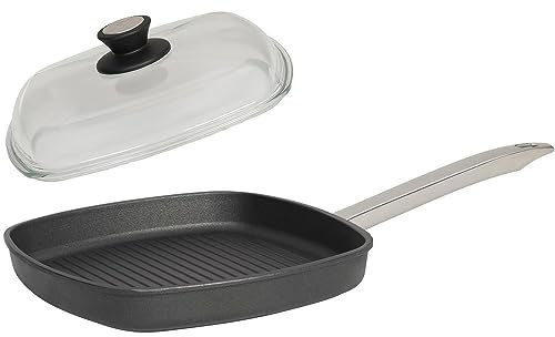 SKK 2-tlg. Grillpfanne 28x28 cm - ohne Induktion - beschichtete eckige Guss Bratpfanne mit Stiel aus Edelstahl & Vollglas Deckel - Made in Germany