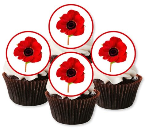 PRECUT Poppy Cupcake Toppers, Poppy Flowers Edible Mini Discs - Wafer Card Cake Decorations (24)