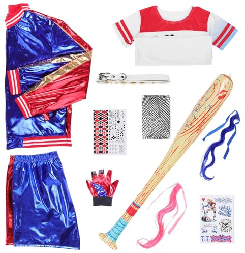 Alaiyaky Juego de disfraz, disfraz de Harley para mujer, con chaqueta, camiseta, pantalones cortos, guantes, peluca, cinturón, medias de red, globo, tatuaje, disfraz de Joker para mujer, para carnaval