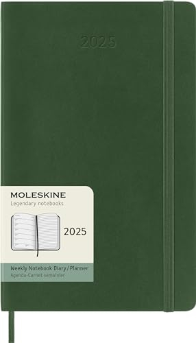 Moleskine Weekly Planner, Agenda Settimanale con Spazio per Note 12 Mesi 2025, Copertina Morbida e Chiusura Elastica, Colore Verde Mirto, Formato Large 13x21 cm