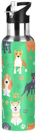 Ksajwzf Dog Paw Breed Green Insulated Water Bottle Stainless Steel Kids Sport Thermos Jug with Straw Lid Animal Puppy Dogs Water Flask Leakproof Thermos Bottle for Bike Running Walking Outdoor 20 Oz
