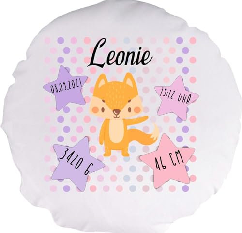 Kleckerliese Baby Kinder Kissen Kissenhülle Tiermotiv Fuchs mit Wunschname Personalisiert Datum Uhrzeit Gewicht, 40 cm Farbe Weiß