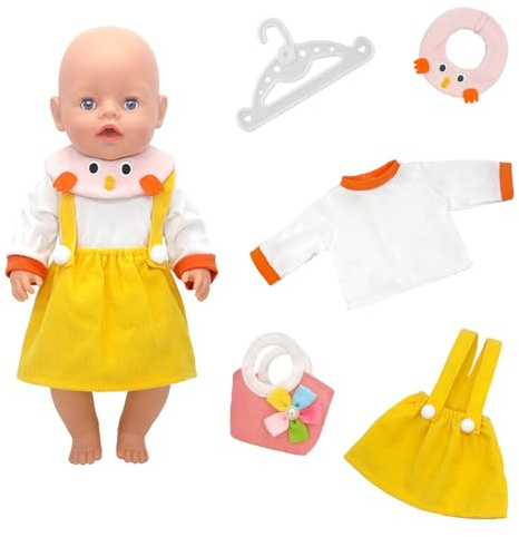 Baby Doll Clothes Outfits Overalls for 14-18 Inch Baby Dolls, 5Pcs Little Yellow Chicken Baby Doll Clothes Sweet Outfits with 1 Overall Dress, 1 Bib, 1 Handbag for 35-43cm Baby Doll Girls Birthday