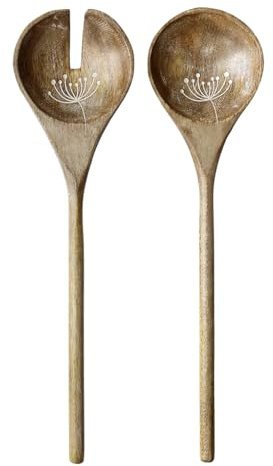 Salad Servers Natural Wooden Salad Tongs Set of Mango Wood Fork & Spoon Kitchen Dining Room Table Serveware Accessory Gift Set with Carved Botanical Finish