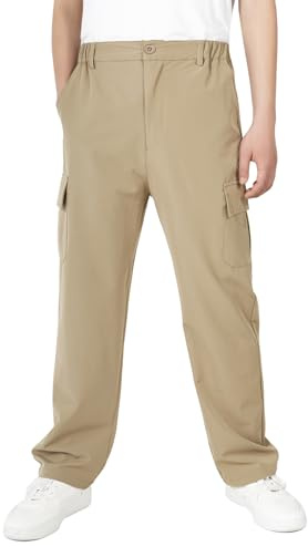 ALXHUTE Pantalon cargo pour garçon - Imperméable - Taille élastique - Pantalon d'extérieur - Pantalon de loisirs - Pantalon cargo, kaki, 15 ans