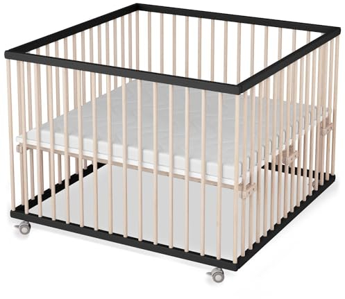 Sämann Laufstall Baby mit Matratze SleepPlus | TÜV geprüft | stufenlos höhenverstellbar | Laufgitter Premium | Babybett aus Holz | Krabbelgitter (schwarz/natur, 100x100 cm)