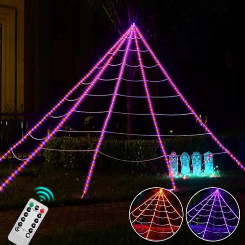 Maxee 315 LED Halloween Spider Web Lights Decor, 5m Giant Net Lights with 26m Light Chain & Remote Control (8 Light Modes & Timer), Decoration for Garden Indoor Outdoor - Purple+Orange