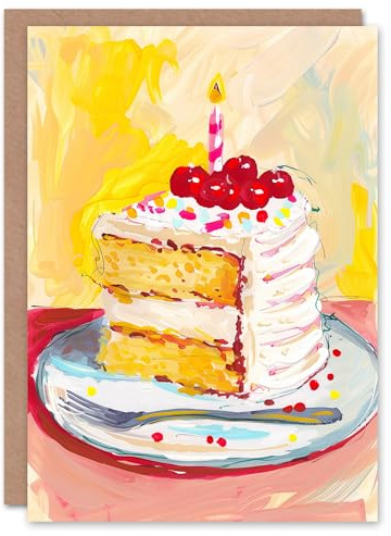 Artery8 Birthday Card Delicious Birthday Cake Slice Candle Cherries Painting For Him Her Man Woman Girl Boy Wife Husband Greeting Card Personalised