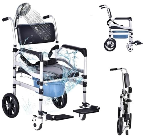 Height-Adjustable Commode Chair on Wheels - Foldable Mobile Toilet Shower Stool for Elderly and Disabled - Ergonomic Seat