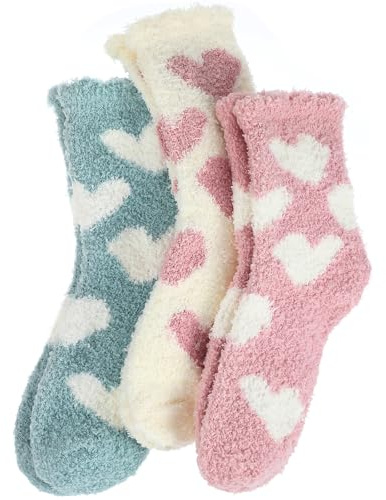 Abeillo 3 Paar Kuschelsocken Damen,Flauschige Socken aus Korallenfleece,Wintersocken Warme Elastizität Schlafsocken,Haussocken für Winter,Weihnachten(Herz-Muster)