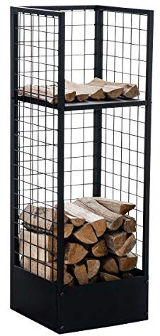 Kaminholzregal aus Metall, Kaminholzregal aus Metallgitter, 2 Ablagen, Kaminzubehör, Holz, 40 x 40 cm, Höhe 120 cm, Farbe: Schwarz