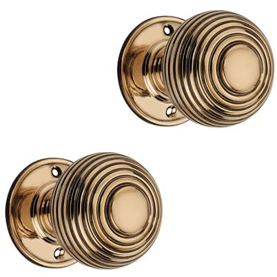 Infinity Decor Pair of Solid Brass Beehive Mortice Door Knobs in Aged Brass Finish 60mm Round Pull Passage Handles Set - Ideal for Internal and External Doors