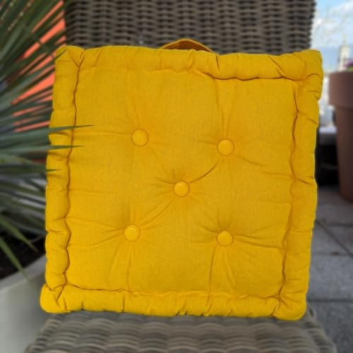 Susanna Home Cuscini Mattonella per Sedie, Panca, Giardino, Cucina, Divano, Pavimento, da Esterno e Interno 40x40x10 con Manico 100% Cotone (SENAPE, SET 2 CUSCINI)