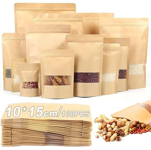 100pcs Kraft Paper Bags with Window 3.9 * 5.9in/10 * 15cm Resealable Ziplock Kraft Paper Bags Resealable Waterproof for Jam Coffee Beans Tea Tea Spices Food Storage