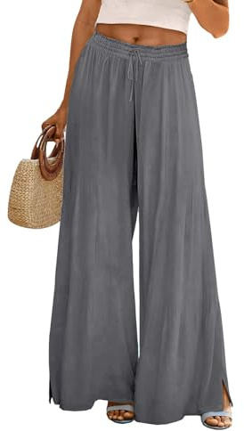 Pantalon Femme Ete Boheme, Pantalons Décontracté Grande Taille Pants Chic Et Elegant Volants Jambe Largeur Fendu Respirant Slacks Patte D'Elephant Coupe Coton Et Lin Confortable Plissé Treggings