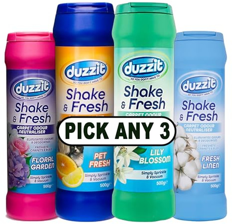 Duzzit Shake & Fresh Carpet Odour Neutraliser 500g – Pick Any 3 –Choose from Lily Blossom, Linen, Pet Fresh – Eliminates Odours, Deodorises & Freshens Carpets & Rugs