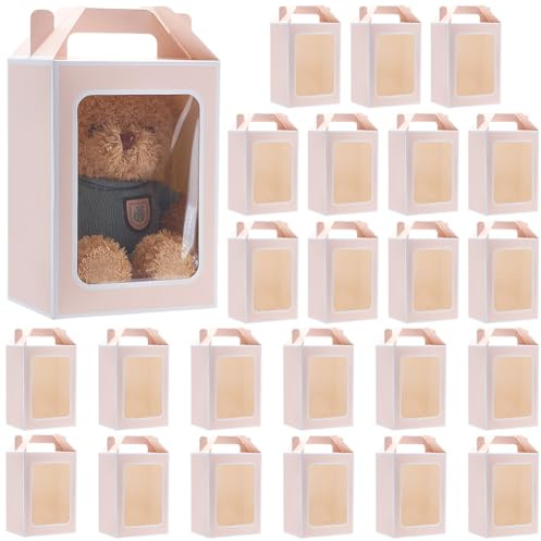 BENECREAT 24 x Geschenktüten Aus Kraftpapier，25x18x13cm Große Geschenkboxen，Papiertragetaschen Mit Transparentem Fenster Für Den Einzelhandel Brautpartys Festivals Und Partys (Pink)
