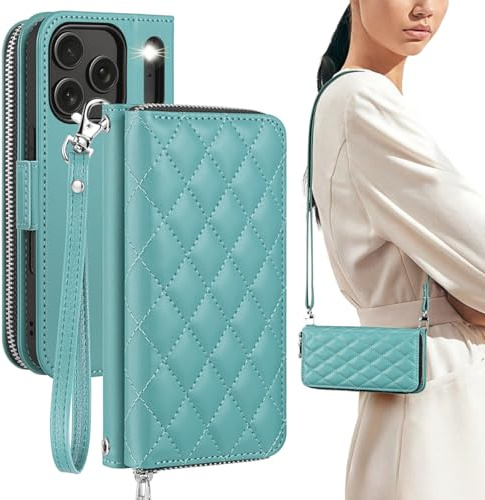 OCASE Housse Portefeuille Zip pour iPhone 17 Pro Max Bleu Vert Piqué | Coque en Cuir PU avec Anti-RFID Porte-Cartes, Support Intégré, Rabat Zip Non Amovible, Protection Antichoc